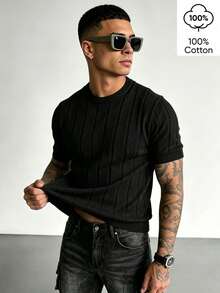 WAIT HIM 100% Cotton Men's Casual Spring/Summer Solid Color Knit Short Sleeve Top - Black - View 2