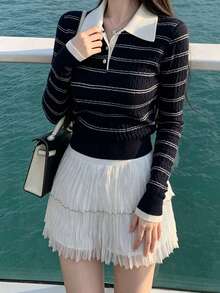 Vintage Striped Knit Sweater Women Long Sleeve Niche Textured Versatile Commute Casual Top Random Cut - Navy Blue - View 3