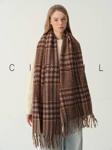 1pc Women's Fashion Versatile Plaid Multicolor Patchwork Polyester Scarf, Warm For Autumn/Winter, Daily Wear - Blue Camel - View 12