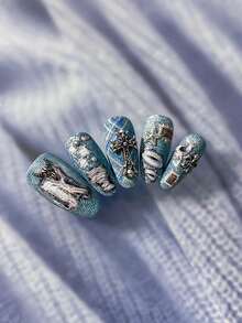 1PC 1pc 5D Full‑Nail Stickers Embossed Ripped Denim Fringe Fabric Texture Pattern Waterproof Self‑Adhesive Nail Decals For Halloween Music Festival Daily Punk Party DIY Manicure - Multicolor - View 8