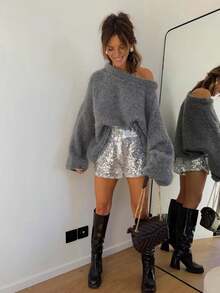 Women's Casual Grey Solid Color Long Sleeve Pullover Sweater, Rib-Knit Round Neck Drop Shoulder Sweater - Grey - View 7