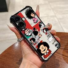 Funda de teléfono de lujo europea y americana, semitransparente, con diseño de dibujos animados, elegante, con lazo, estilo Mafalda, adecuada para iPhone 16, 16e, 15, 14, 13, 12 Mini, 11 Pro Max, X, XR, XS Max, 8, 7 Plus, con marco negro, cubierta trasera transparente anticaída, diseño premium. - Color 1 - Ver 2