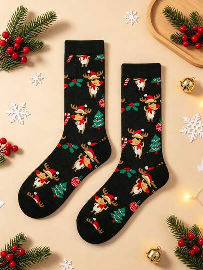 1 Set Men's Christmas Themed Mid-Calf Socks, Unisex, Cartoon Reindeer And Santa Claus Pattern, Recommended Hand Wash Or Dry Clean