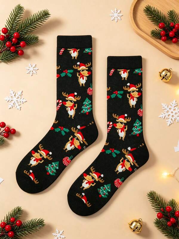 1 Set Men's Christmas Themed Mid-Calf Socks, Unisex, Cartoon Reindeer And Santa Claus Pattern, Recommended Hand Wash Or Dry Clean