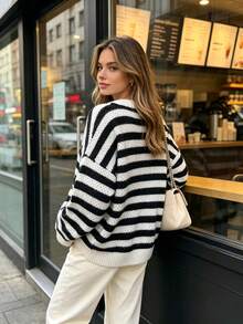 New Style Striped And Multicolored Lace V-Neck Long-Sleeved Plus Size Women's Knitted Sweater For Autumn And Winter - Multicolor - View 2