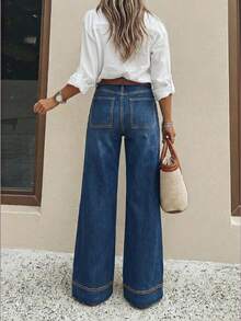 Jeans acampanados para mujer con bolsillos y botones, casuales y versátiles para uso diario, primavera y otoño - Azul oscuro - Ver 5