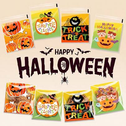100 Halloween Ziplock Treat Bags,Self Adhesive Clear Plastic Bags, 4 Styles Mixed | Halloween Party Candy Bags, Trick Or Treat, Snack & Cookie Storage | Small Sealable Goodie Bags For Kids