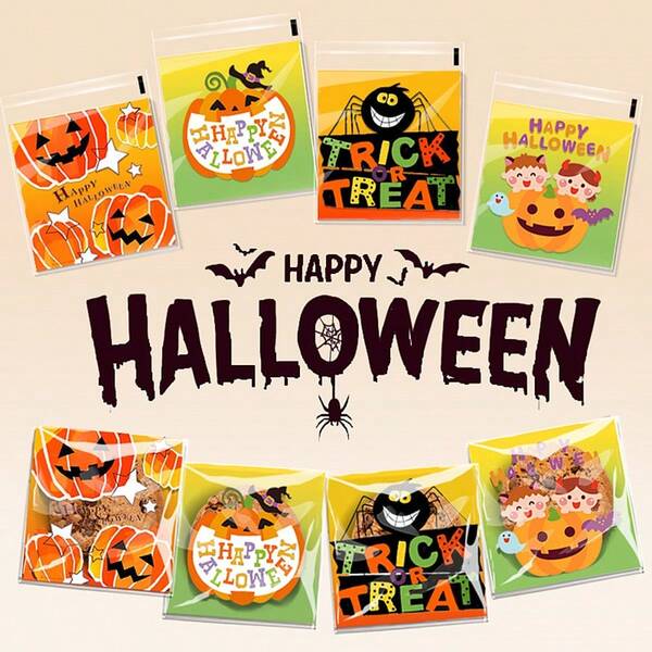 100 Halloween Ziplock Treat Bags,Self Adhesive Clear Plastic Bags, 4 Styles Mixed | Halloween Party Candy Bags, Trick Or Treat, Snack & Cookie Storage | Small Sealable Goodie Bags For Kids