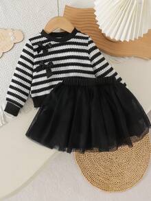 2pcs Baby Girl Sweet Cool Style Striped Hollow Bow Long Sleeve Top & Mesh Puff Skirt Set, Spring/Autumn - Black - View 2
