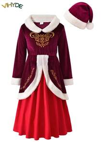 Vihyde Tween Girls Christmas New Arrival 2 Pieces Outfit, Luxe Velvet Faux Fur Trim Gold Embroidery Midi Dress With Christmas Hat Set - Burgundy - View 3