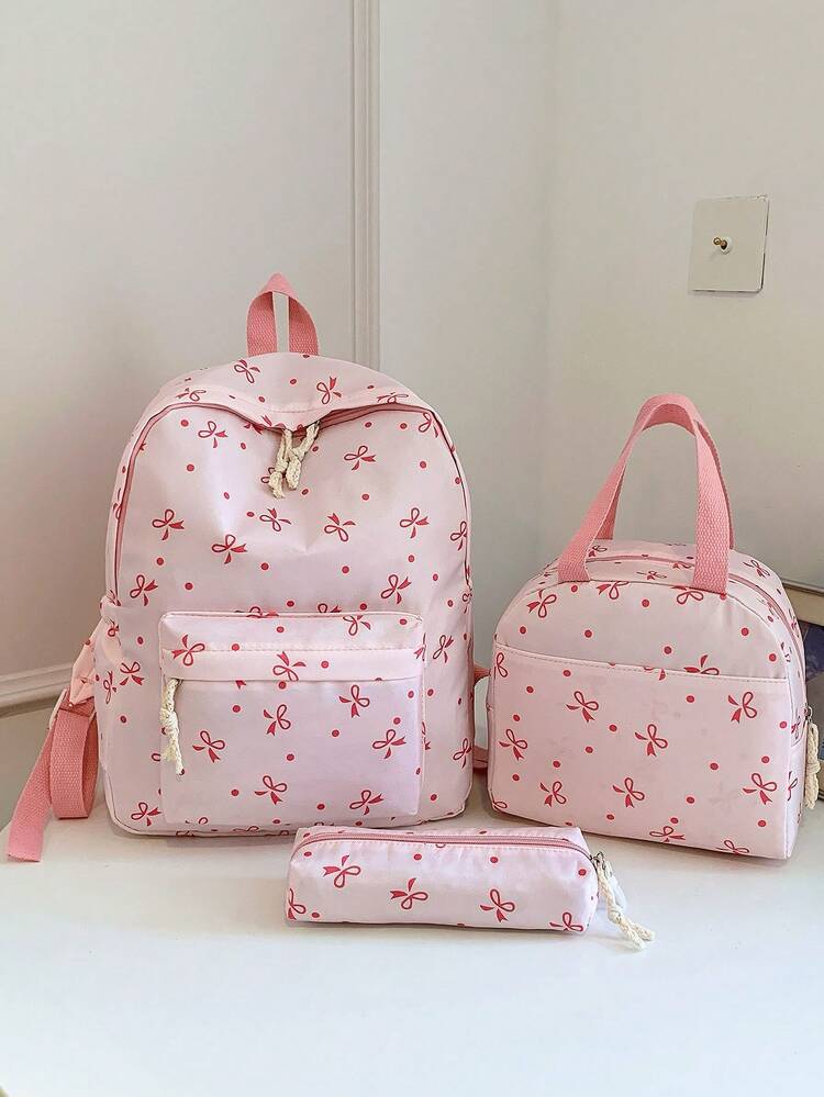 New Bow Print Laptop Backpack, Suitable For Elementary, Middle And High School Students - Pink - View 1
