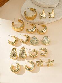 2-18pcs Fashionable & Elegant Starfish & Seashell Elements Women Jewelry Earrings, Suitable For Daily Wear All Year Round - Gold - View 8