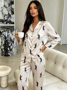 2pcs Women's Sexy Printed Long Sleeve Pajama Top + Elastic Waist Long Pants Loungewear Set - Apricot - View 6