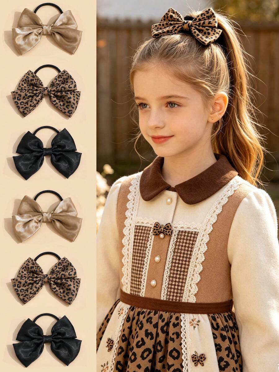 3pcs Autumn Leopard Print Satin Bow Hair Ties,Shiny Fabric Ponytail Scrunchies,Vintage Hair Accessories For Girls Daily Wear & Autumn Winter Gifts - Multicolor - View 1