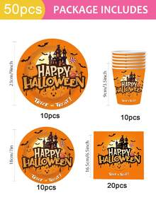 50pcs Halloween Theme Paper Plates, Cups And Napkins, Birthday Party Decorations, Happy Halloween, Pumpkin Bat, Castle Elements, 7 Inch Party Dessert Plates, 9 Inch Dinner Plates And 9oz Paper Cups, Napkins, Halloween Party Supplies - Multicolor - View 14