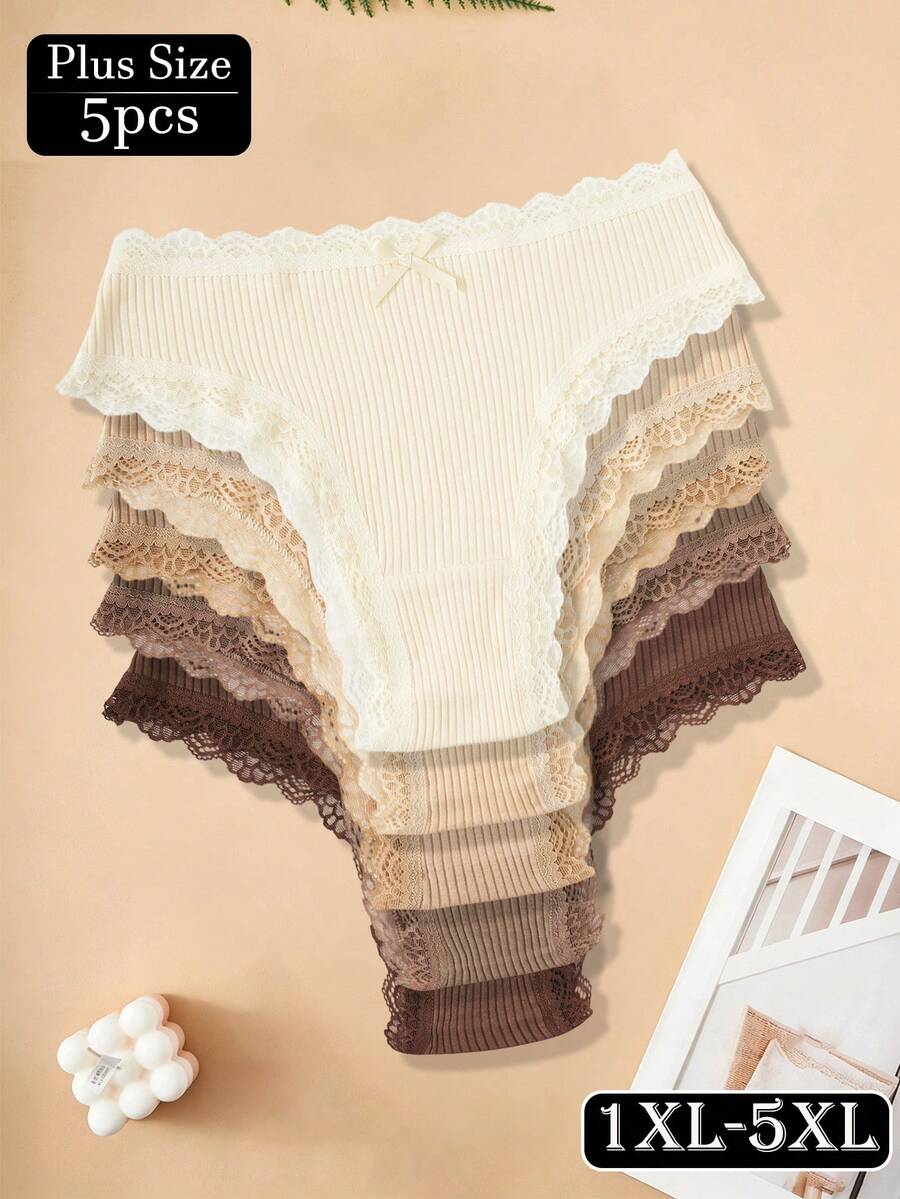 5pcs Plus Size Women's Panties, Bow Design, Lace Trim, Ribbed, Comfortable Soft, High Quality Earth Tone