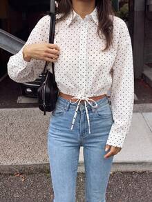 Women's Short Blouse Long Sleeve Polka Dot Semi-Sheer Shirt White - White - View 3