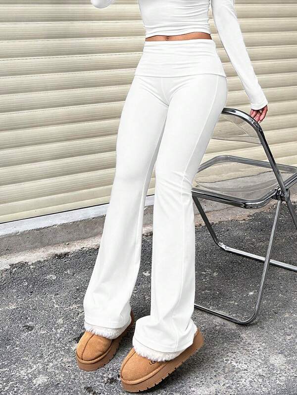 Women's Casual Solid Color Wide Waist Flare Pants, High Waist Pleated Slim Leggings Spring White Fall