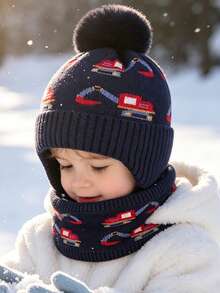 Kids Hat & Scarf Set, Boys Winter Thermal Lined Earflap Beanie, Windproof Warm Baby Pullover Cap, - Excavator 2-piece Set - View 13