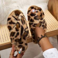 Women's Cross-Strap Anti-Slip Wear-Resistant Solid Color Open-Toe Low-Heel Fuzzy Slippers, Comfortable Home Wear With Rabbit Fur And Faux Fur - Leopard Brown - View 7