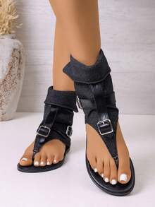 Women's Foldable Ankle Strap Sandals, Flat Sole, Easy To Wear, Everyday Footwear - Black - View 1