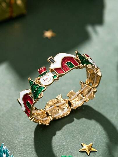 Cring Coco 1PC Christmas Theme Enamel Stretch Bracelet For Woman Accessories Golden Snowman House Christmas Tree Elastic Bangle Holiday Party Jewelry Gift