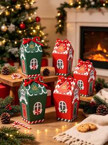30pcs Red/Green Christmas House-Shaped Gift Box, Includes Red Ribbon And Christmas Tree Card. Ideal For Christmas Gift Wrapping, Table Decorations, Holiday Gift Wrapping, And Themed Party Decorations. Perfect For Christmas And Themed Parties. - Multicolor - View 2