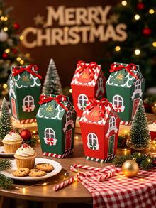 30pcs Red/Green Christmas House-Shaped Gift Box, Includes Red Ribbon And Christmas Tree Card. Ideal For Christmas Gift Wrapping, Table Decorations, Holiday Gift Wrapping, And Themed Party Decorations. Perfect For Christmas And Themed Parties. - Multicolor - View 1