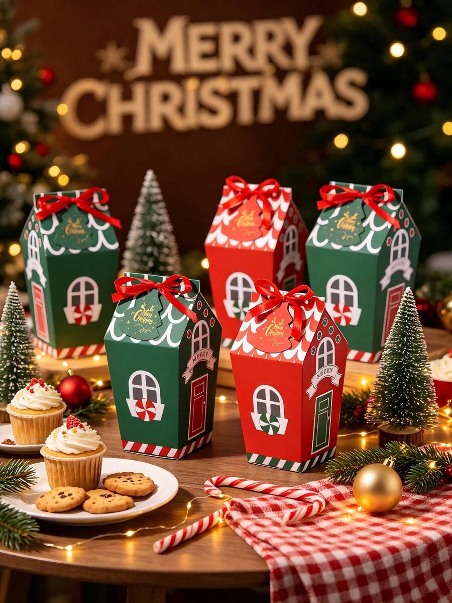 30pcs Red/Green Christmas House-Shaped Gift Box, Includes Red Ribbon And Christmas Tree Card. Ideal For Christmas Gift Wrapping, Table Decorations, Holiday Gift Wrapping, And Themed Party Decorations. Perfect For Christmas And Themed Parties. - Multicolor - View 1