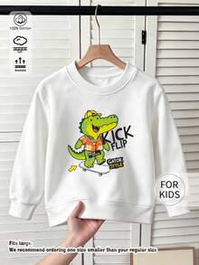 Kids Round Neck Sweatshirt, Skateboard Crocodile Kickboard Letter Print Pure Cotton Pullover - White - View 1