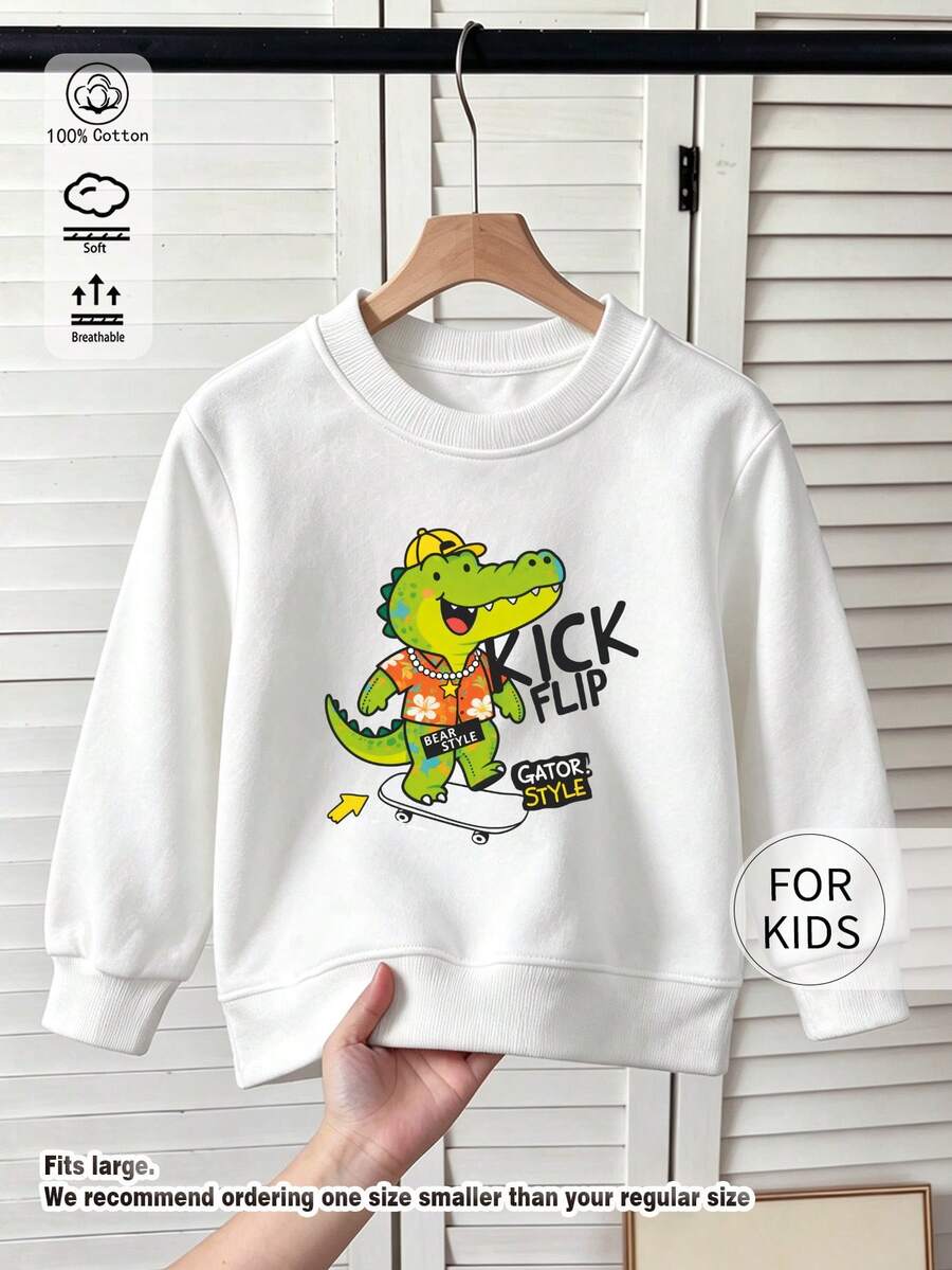 Kids Round Neck Sweatshirt, Skateboard Crocodile Kickboard Letter Print Pure Cotton Pullover - White - View 1