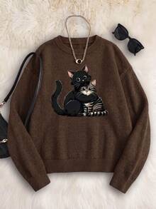 Plus Size Women's Cute Cat Print, Unique Casual Long Sleeve Sweater, Suitable For Autumn/Winter Daily Wear, Perfect Gift For Pet Lovers - Coffee Brown - View 4