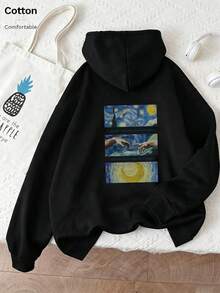 Oversized Women's Sweatshirt For Autumn/Winter, Long-Sleeve Hoodie With Pockets, Casual Top, Y2K Style, Daily Letter Graphic Print, Unisex Black - Black - View 5