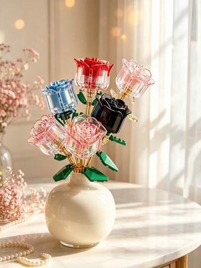 Youleli 7‑Pack DIY Building Blocks Flower Set, Free‑Combine Bouquet Toy, Home Desktop Ornament, Artificial Rose Lily Orchid, Holiday Birthday Gift For Women