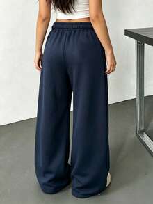 Navy Blue Star Patchwork Wide Leg Sweatpants, Letter Embroidery Drawstring Elastic Waist Loose Street Style Sports Pants - Navy Blue - View 4