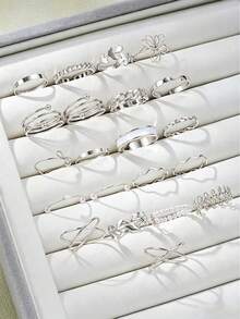 Random 68pcs/46pcs/22pcs Minimalist Fashion Casual Elegant Faux Pearl Irregular Twisted Geometric Leaf Butterfly Flower Ring Set For Women, Dating, Vacation, Daily Wear, Party, Anniversary, Holiday Gift - Silver - View 2