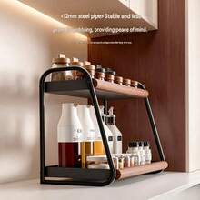 Kitchen Countertop 2-Tier Spice Rack, Iron & Wood Grain Design, Home Oil, Salt, Soy Sauce, Vinegar Seasoning Bottle Storage Organizer, Multifunctional Desktop Spice Organizer Rack - Multicolor - View 9