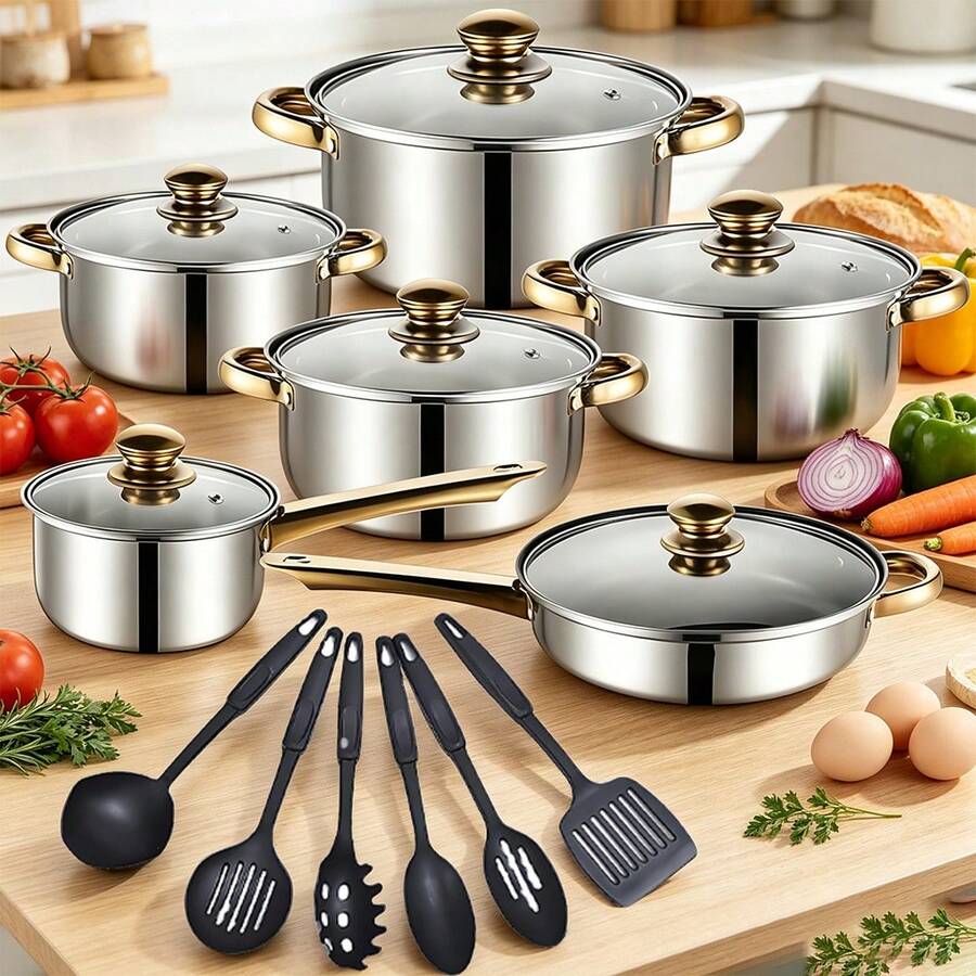 20pcs Stainless Steel Non-Stick Cookware Set, Includes 6 Pots And 6 Lids, Multifunctional, Suitable For Induction Cookers, Ideal For Kitchens And Restaurants - Silver - View 1