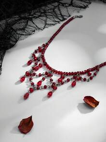 1pc Vintage Gothic Style Red Crystal Beaded Necklace, Multi-Layer Tassel Choker, Women's Daily Party Accessory - Burgundy - View 4