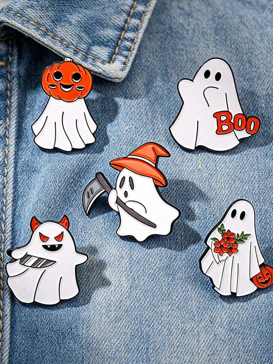 1 pieza Broche de esmalte con combinación de fantasma lindo de Halloween, calabaza de dibujos animados, eslogan Boo, bruja, segador de almas, demonio imp, conjunto de pines, estilo de terror suave, adecuado para mochila, chaqueta de mezclilla, sombrero, regalo para fans de la fiesta de Halloween - Multicolor - Ver 1