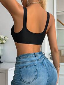 Black Front Closure Wireless Molded Cup Bra, Fixed Thin Padding, Classic Comfortable Women's Solid Color Lingerie Bra - Black - View 3