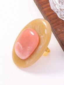 1pc Fashionable Vintage Oval Resin Color Block Adjustable Ring, Elegant & Versatile, Suitable For Women - Multicolor - View 3