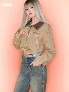 CHUU Women's Collared Zip-Up Jacket, Autumn Casual Versatile Youthful Sweet Cool Crop Top - Coffee Brown - View 1