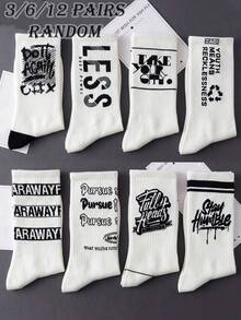3/6/12 Pairs Random Assorted Unisex American Graffiti English Stripe Letter Design Skin-Friendly Durable Comfortable Breathable Mid-Calf Socks For Home, Commute, Daily Wear And Gifting - Black and White - View 2