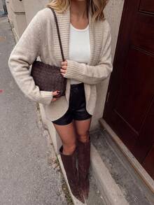 Early Fall Old Money Shawl Collar Knit Cardigan, Women Open Front Long Sleeve Relax Fit Sweater - Apricot - View 6