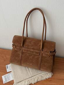 Women's Shoulder Bag, Solid Color, Suede Material, Metal Buckle And Embossed Logo, Large Capacity Handbag, Vintage Academic Style, Suitable For Workplace Daily, Autumn/Winter - Brown - View 4