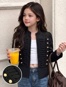 Teen Girls Winter Black Military Style Frog Button Vintage Design Short Jacket Fashion Streetwear Casual Versatile Outerwear - Black - View 2