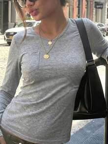 Autumn New V-Neck Cinched Waist Pocket Long Sleeve T-Shirt, Slim Fit Flattering Sexy Top - Grey - View 5