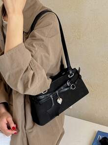 Fashion Solid Color PU Versatile Tote Bag, Strap Heart & Star Decor Elegant Women's Shoulder Bag, Suitable For University, Commuting, Shopping, Street Shopping, Daily Use - Black - View 4