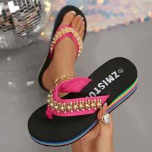 Pearl Rhinestone Wedge Flip Flops For Women, Colorful Thick Sole Toe-Post Sandals, Beach Vacation Dress Matching Sandals - Hot Pink - View 5